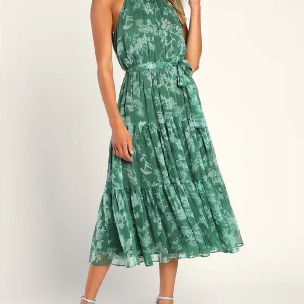 Lulus Float to You Green Floral Print Halter Tiered Midi Dress Size Large